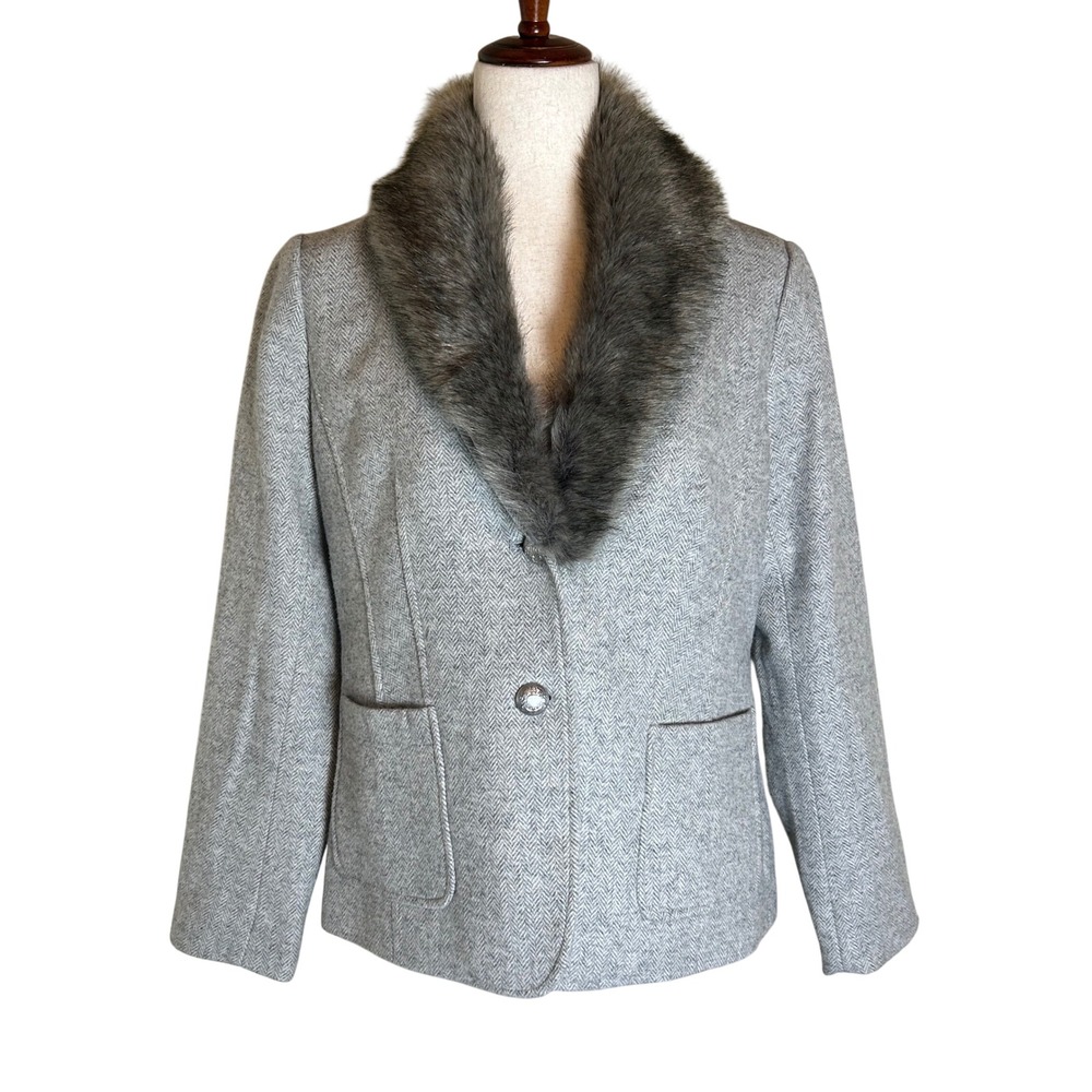 Talbots Blazer Jacket Women 10 Gray Herringbone Faux Fur Collar Wool Blend
